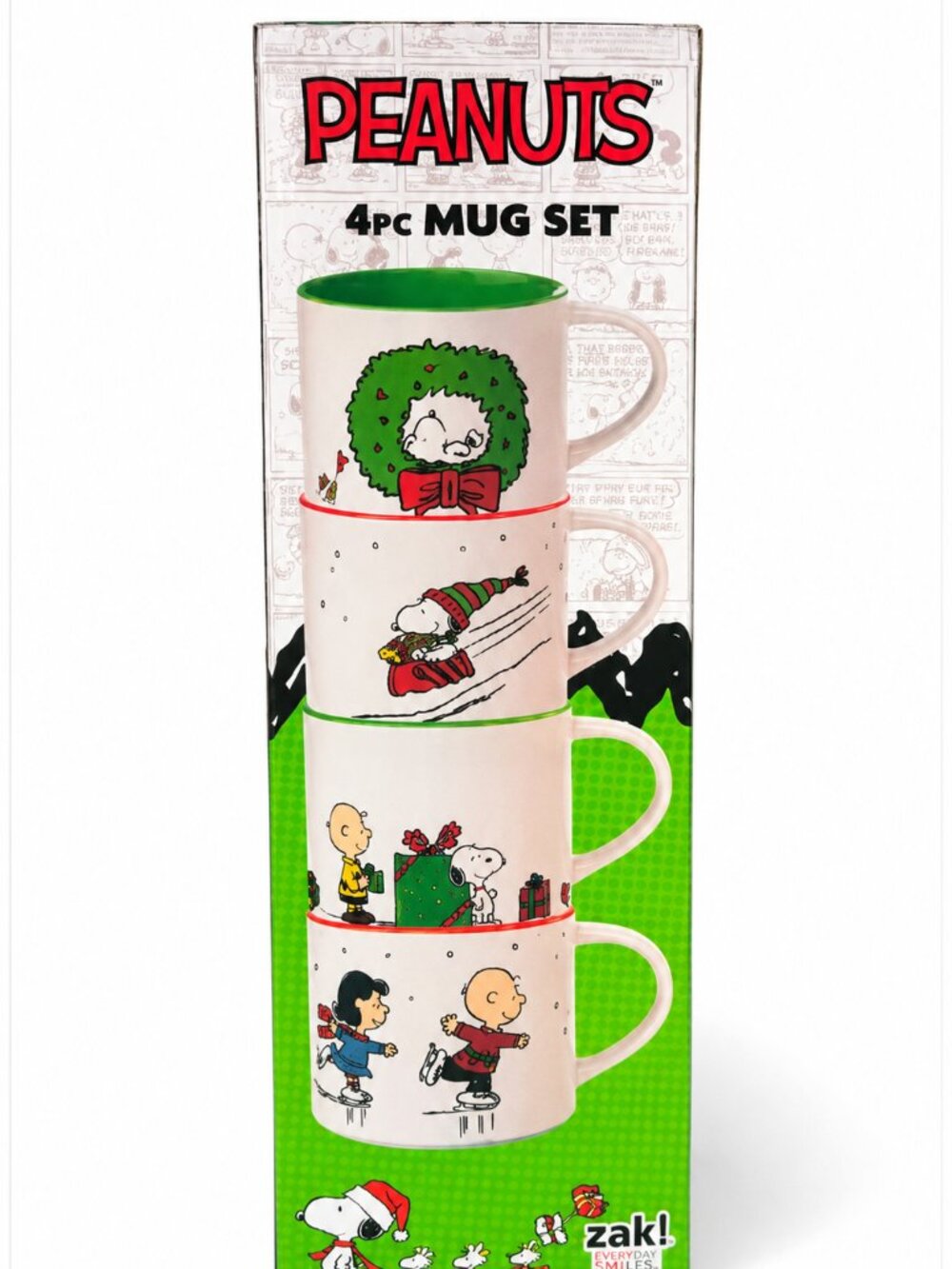 Peanuts Snoopy Christmas 4-Piece Stacking Mug Set Zak! Holiday Coffee Cups New